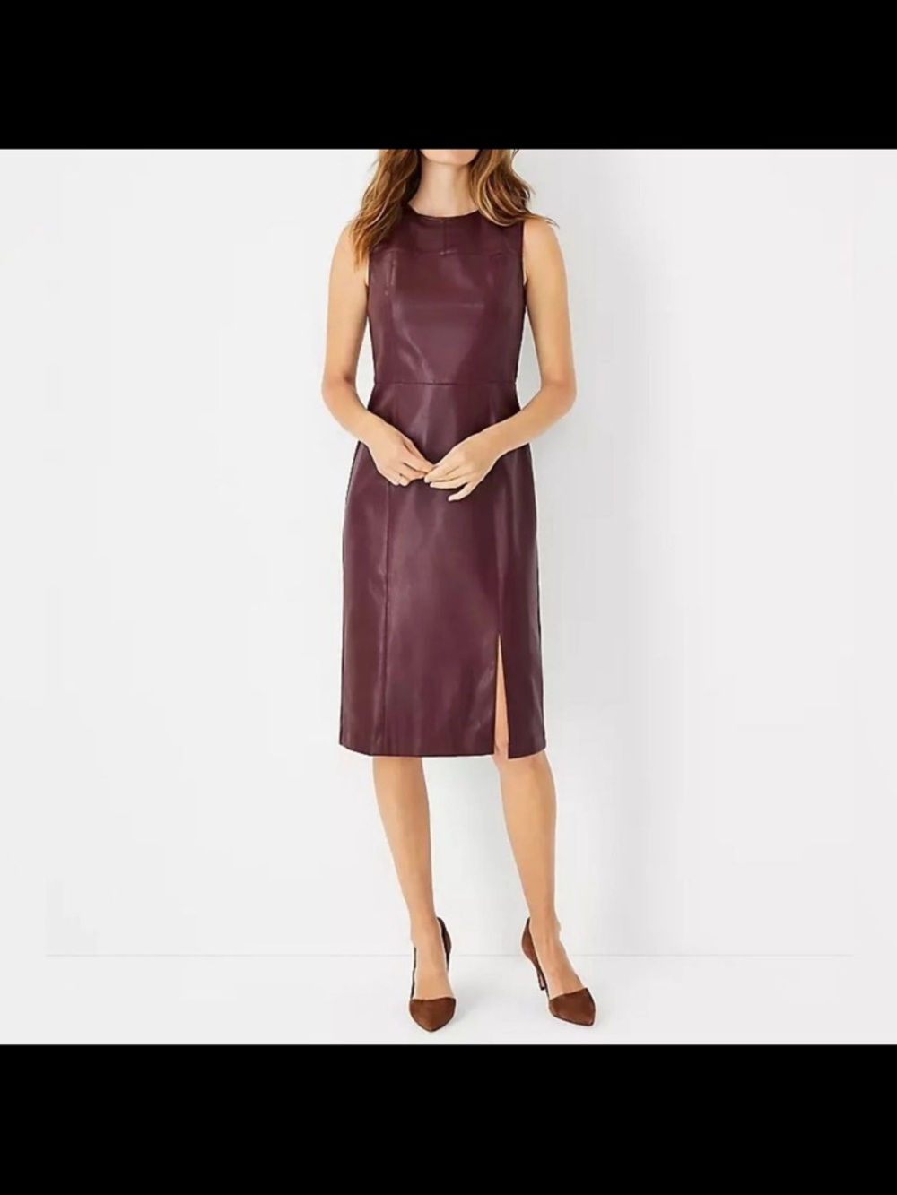 NWT Ann Taylor Sleeveless Faux Leather Midi Dress in Burgundy